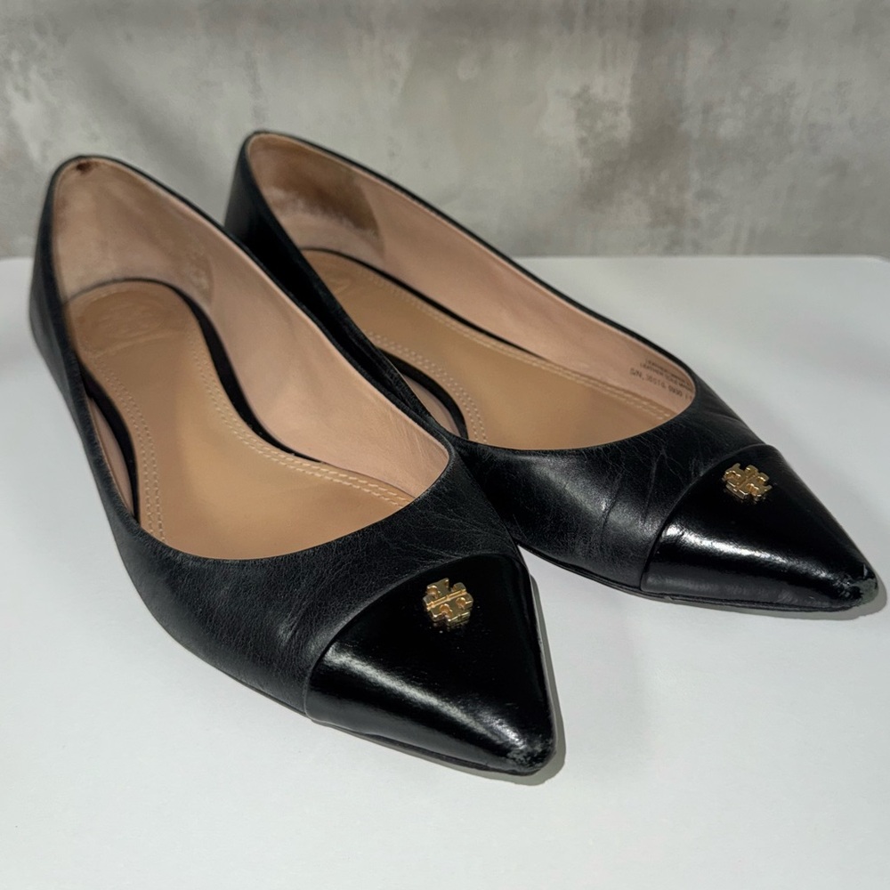 Tory Burch Black Flats with Gold Logo
